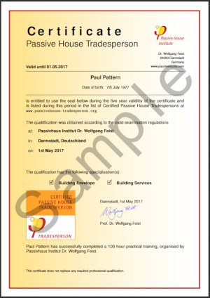 Certified Passive House Tradesperson certificate